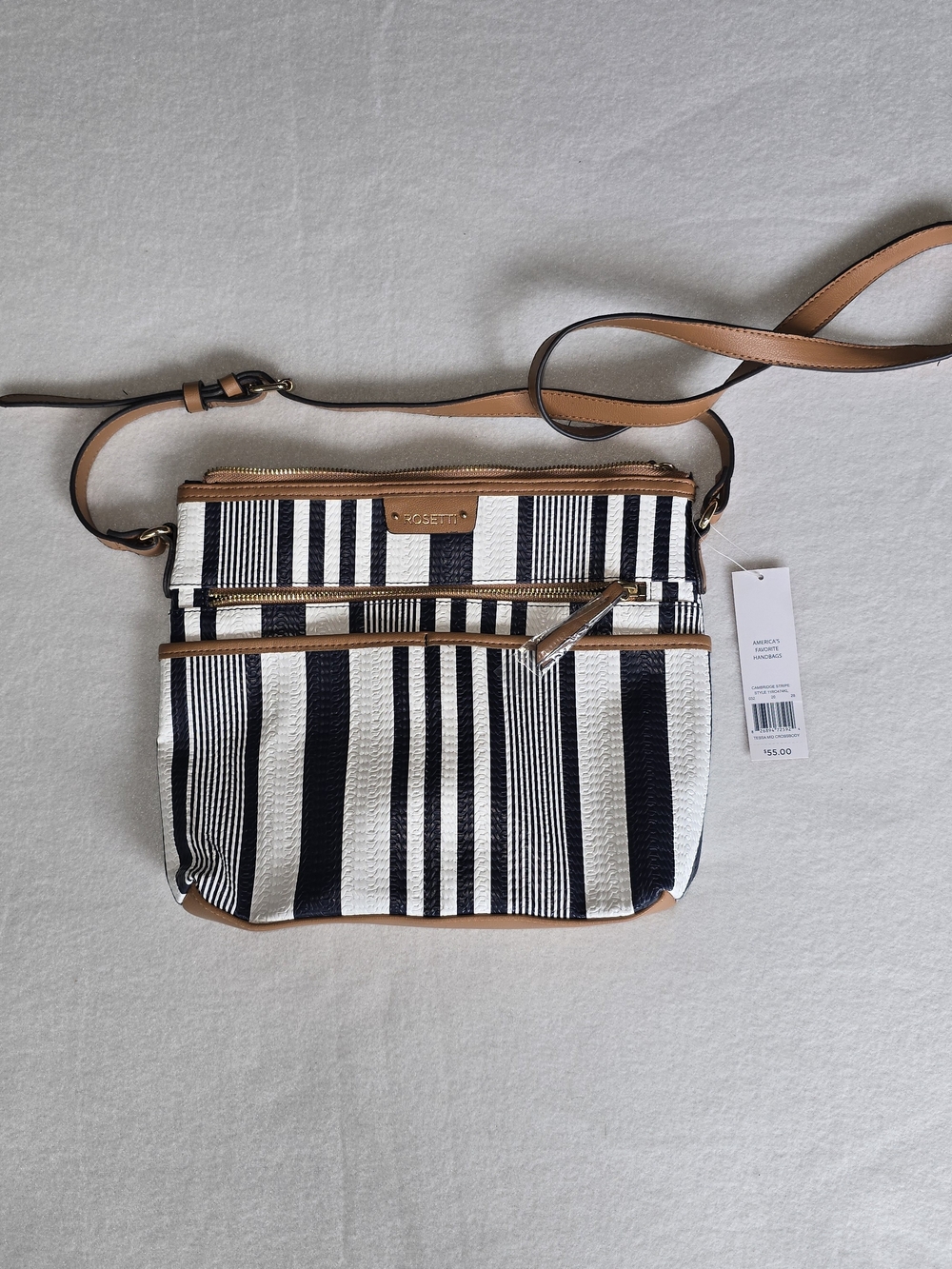 Rosetti Blue & White Striped Crossbody Bag with Tan Trim (NWT)